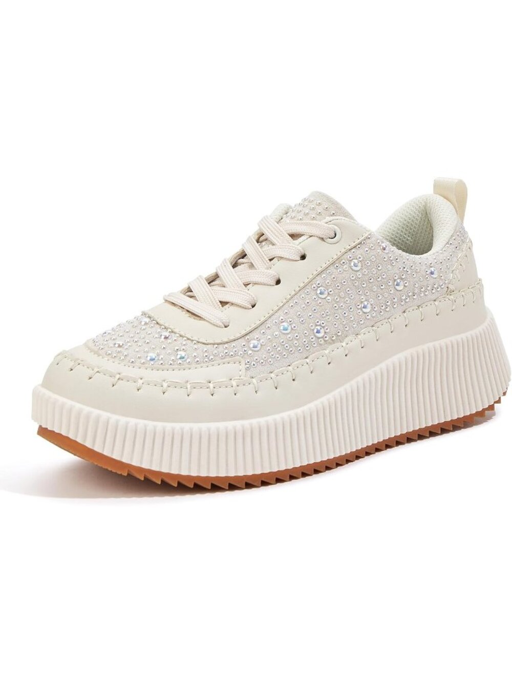 Women's Beige Pearl Woven Platform Lace Up Anti Slip Durable Chunky Sneakers